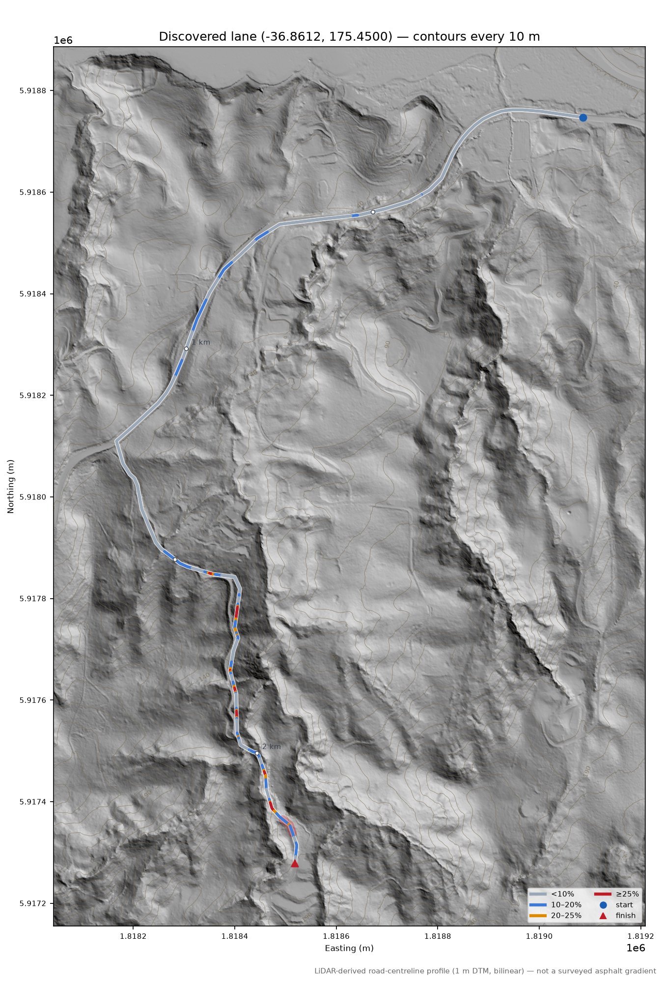 Discovered lane (-36.8612, 175.4500) LiDAR hillshade map with contours