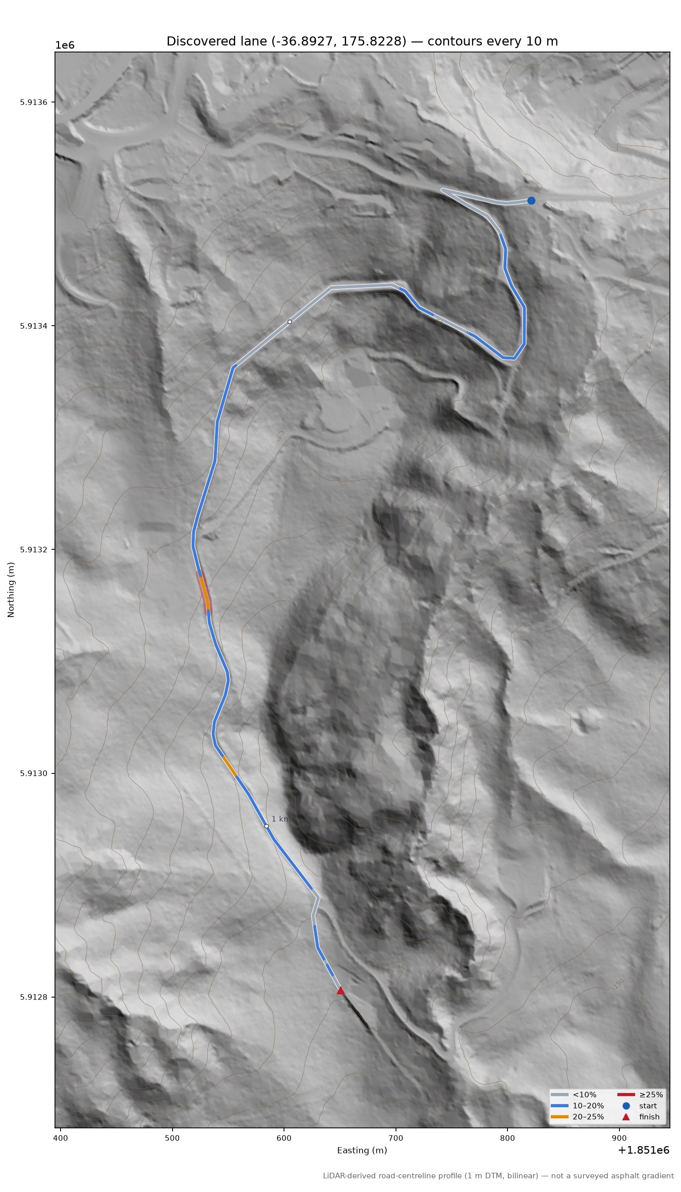 Discovered lane (-36.8927, 175.8228) LiDAR hillshade map with contours