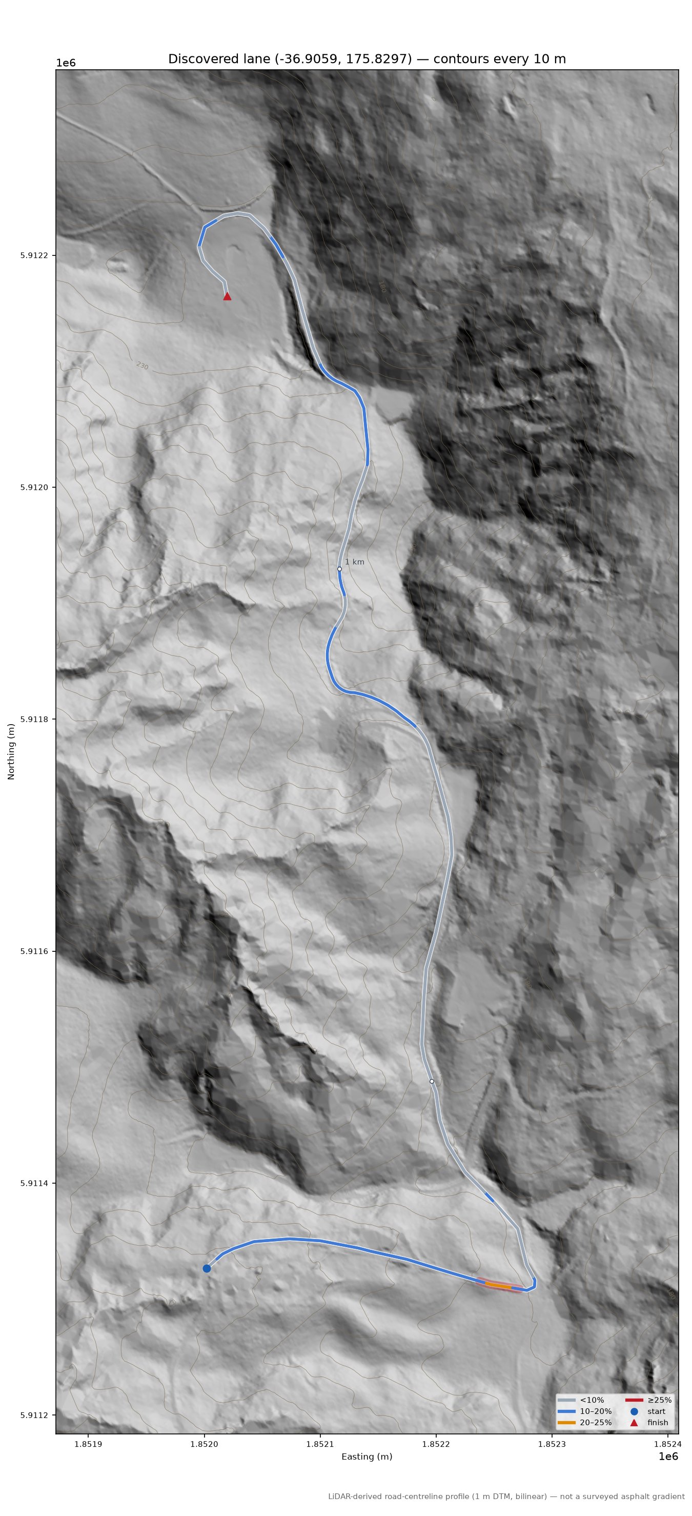 Discovered lane (-36.9059, 175.8297) LiDAR hillshade map with contours