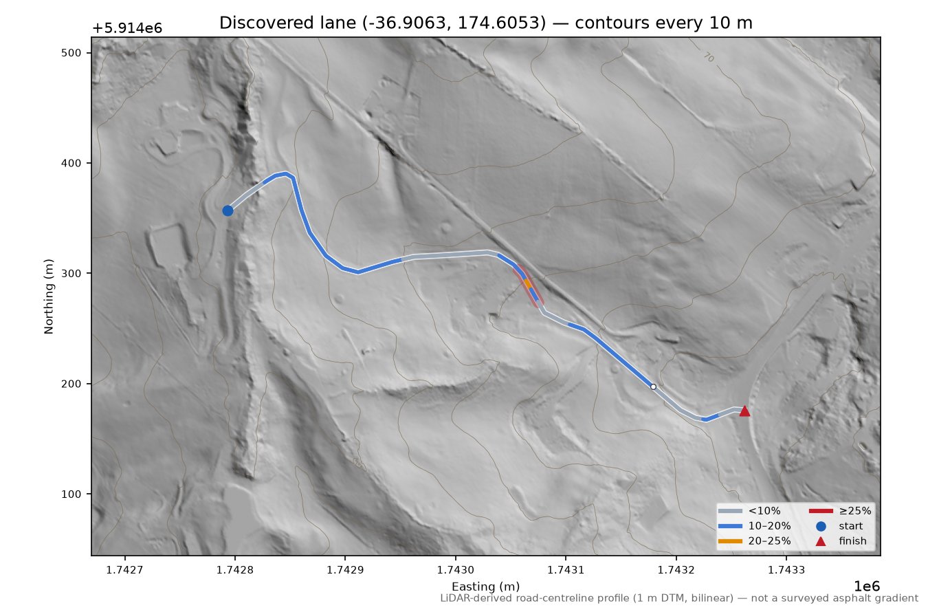 Discovered lane (-36.9063, 174.6053) LiDAR hillshade map with contours