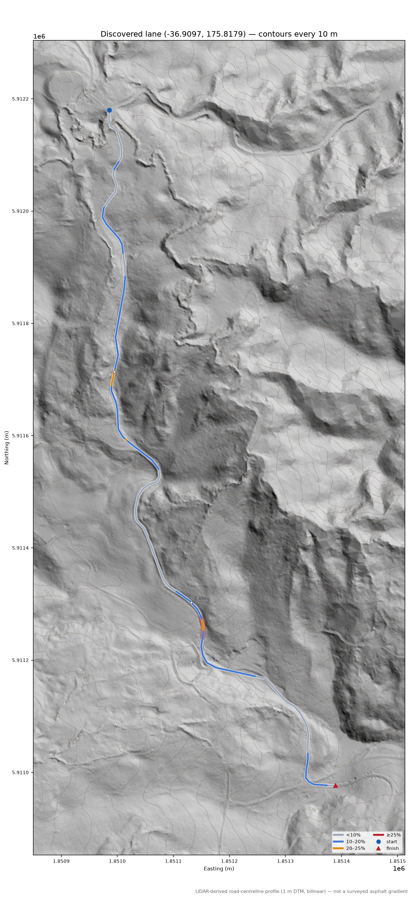 Discovered lane (-36.9097, 175.8179) LiDAR hillshade map with contours