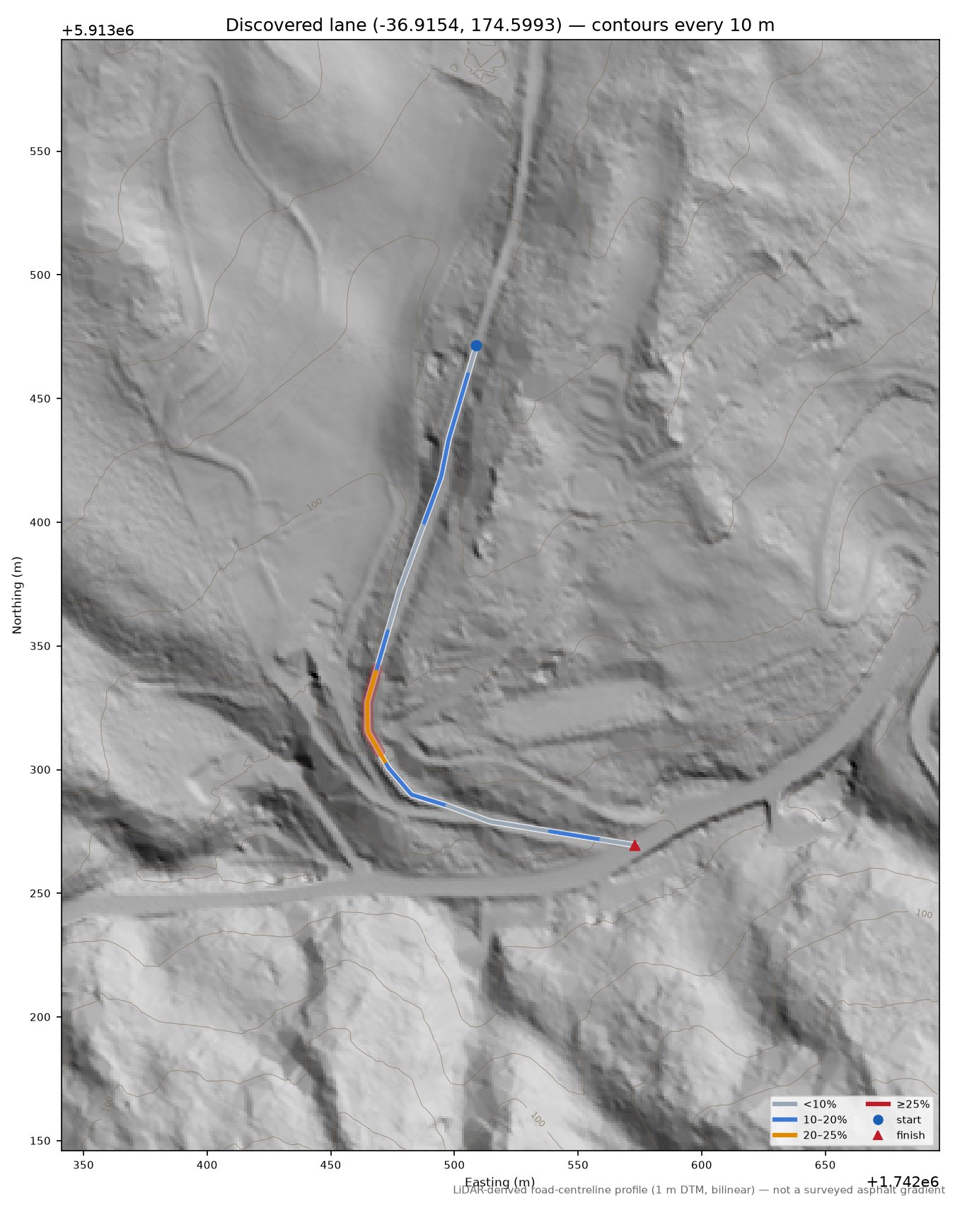 Discovered lane (-36.9154, 174.5993) LiDAR hillshade map with contours