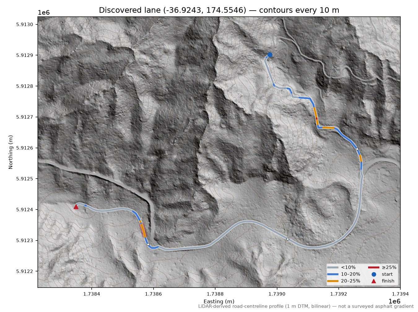 Discovered lane (-36.9243, 174.5546) LiDAR hillshade map with contours