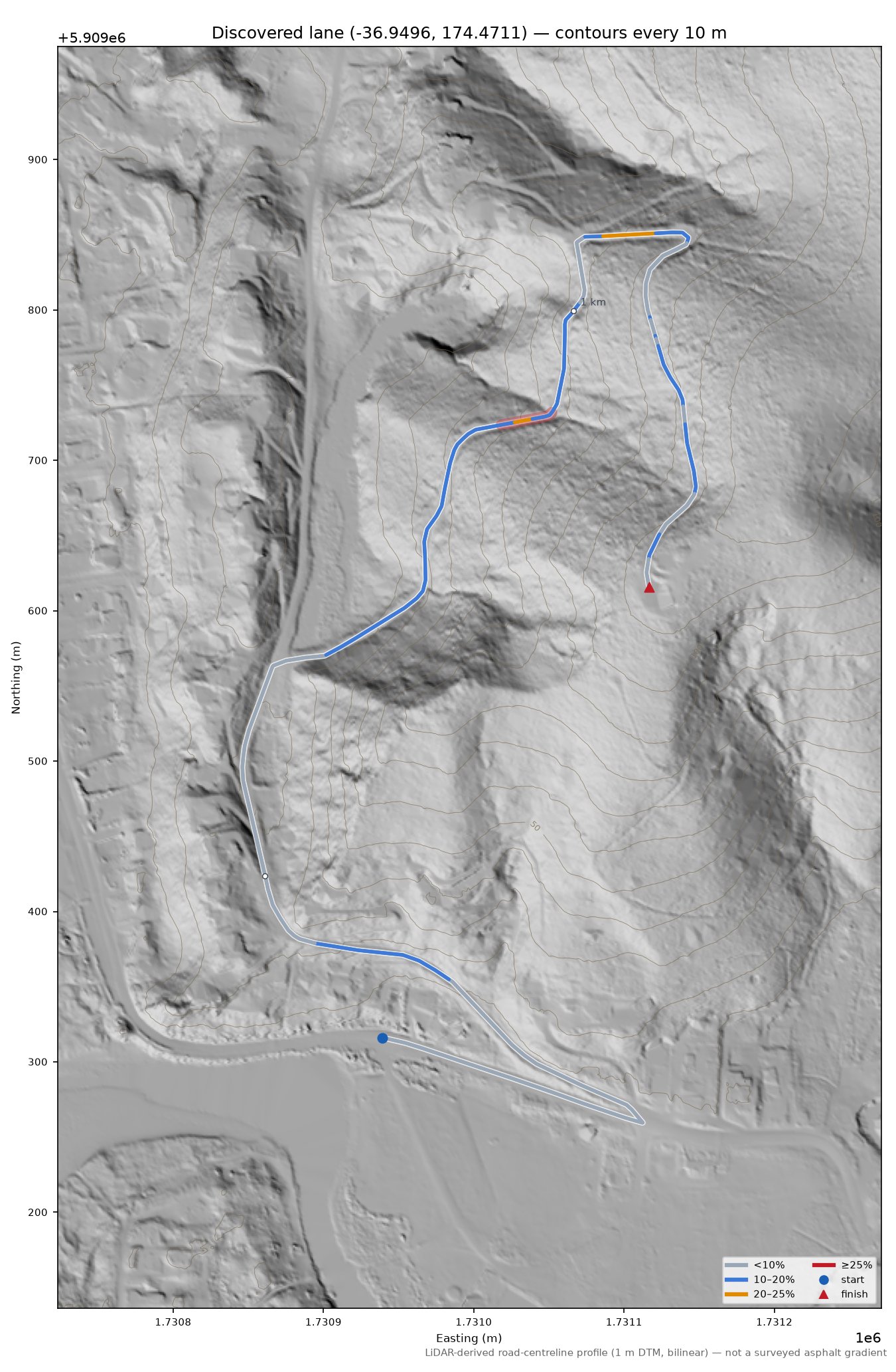 Discovered lane (-36.9496, 174.4711) LiDAR hillshade map with contours