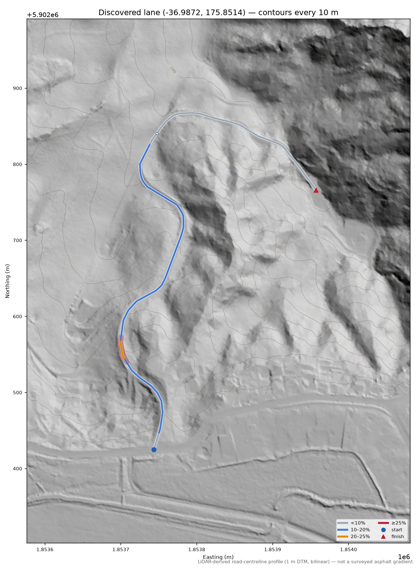 Discovered lane (-36.9872, 175.8514) LiDAR hillshade map with contours