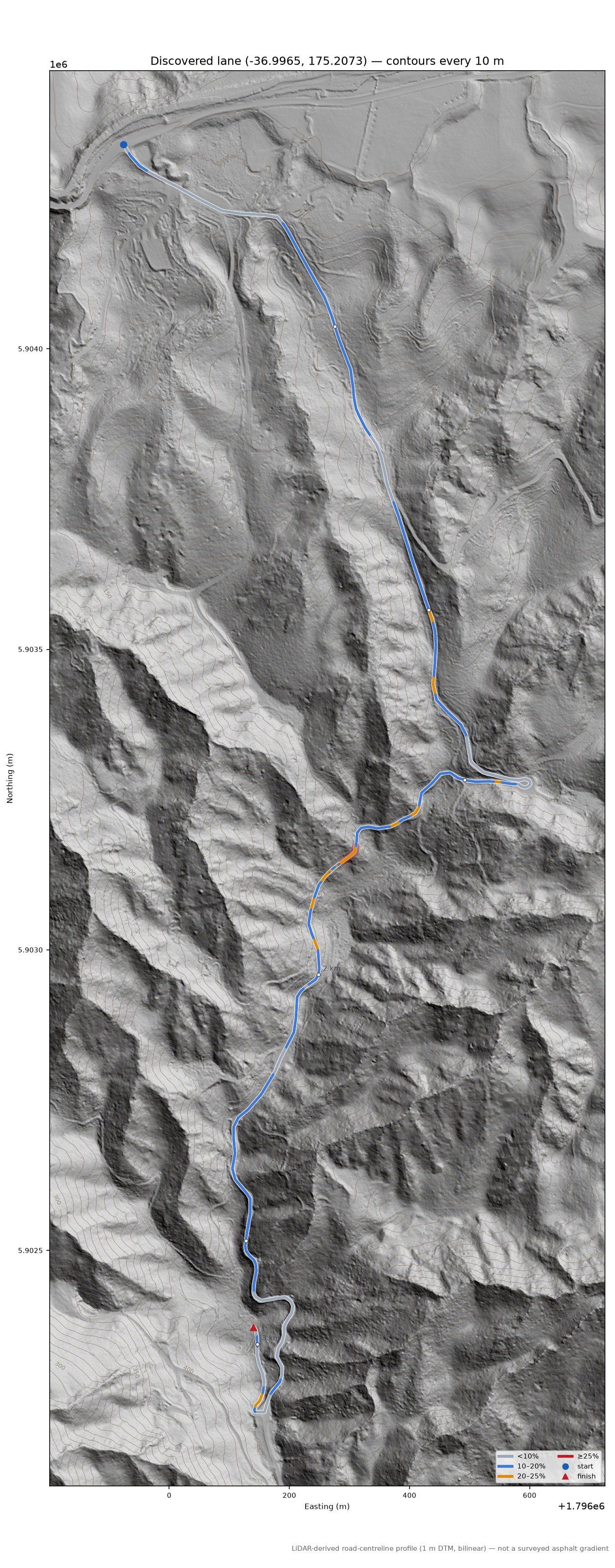 Discovered lane (-36.9965, 175.2073) LiDAR hillshade map with contours