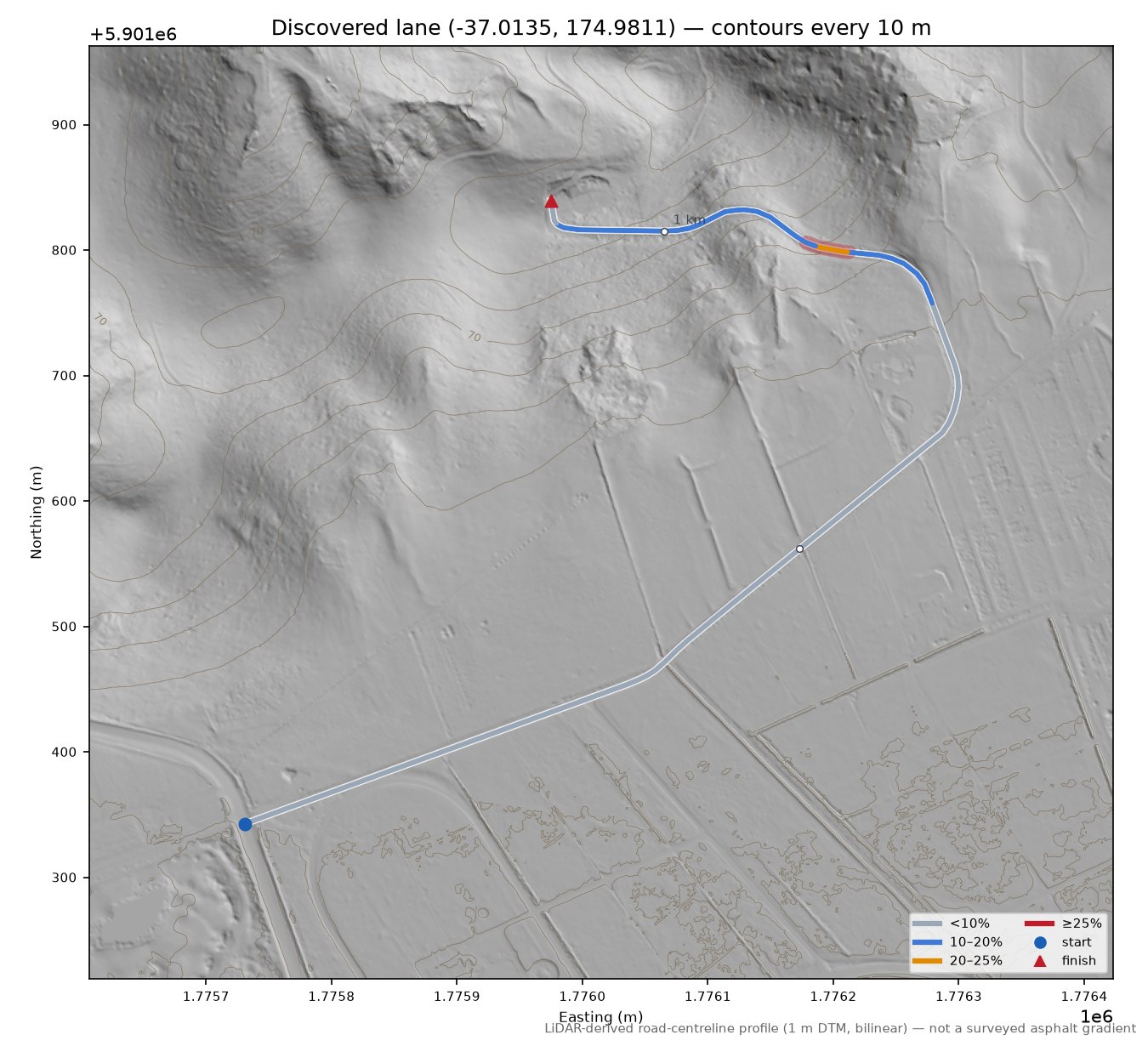 Discovered lane (-37.0135, 174.9811) LiDAR hillshade map with contours