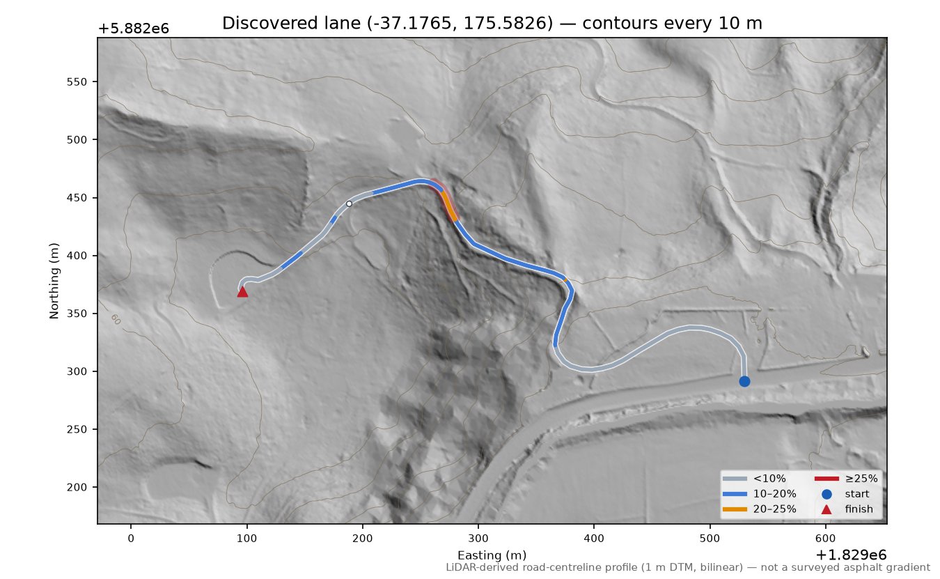 Discovered lane (-37.1765, 175.5826) LiDAR hillshade map with contours