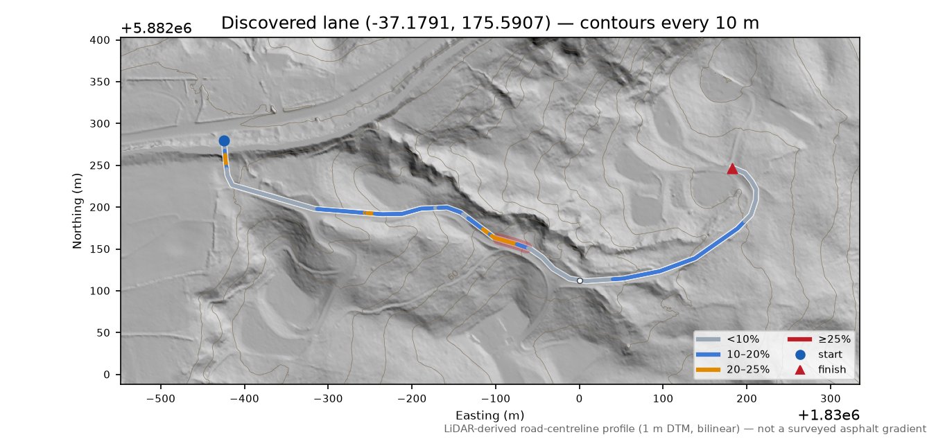 Discovered lane (-37.1791, 175.5907) LiDAR hillshade map with contours
