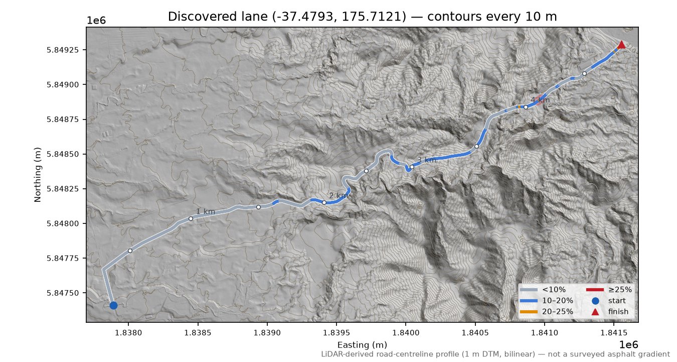 Discovered lane (-37.4793, 175.7121) LiDAR hillshade map with contours