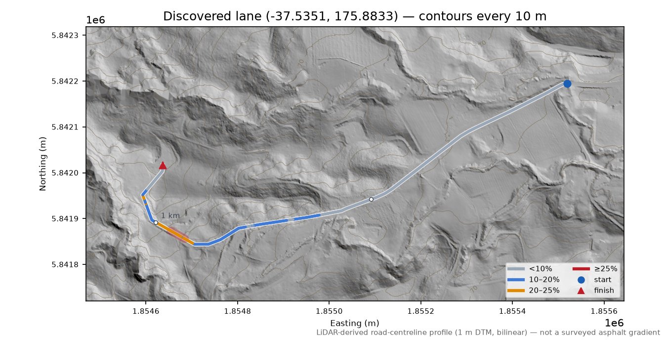 Discovered lane (-37.5351, 175.8833) LiDAR hillshade map with contours
