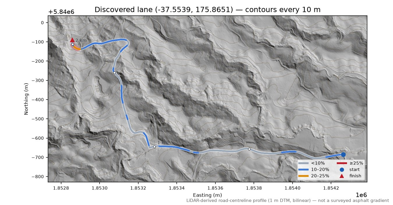 Discovered lane (-37.5539, 175.8651) LiDAR hillshade map with contours