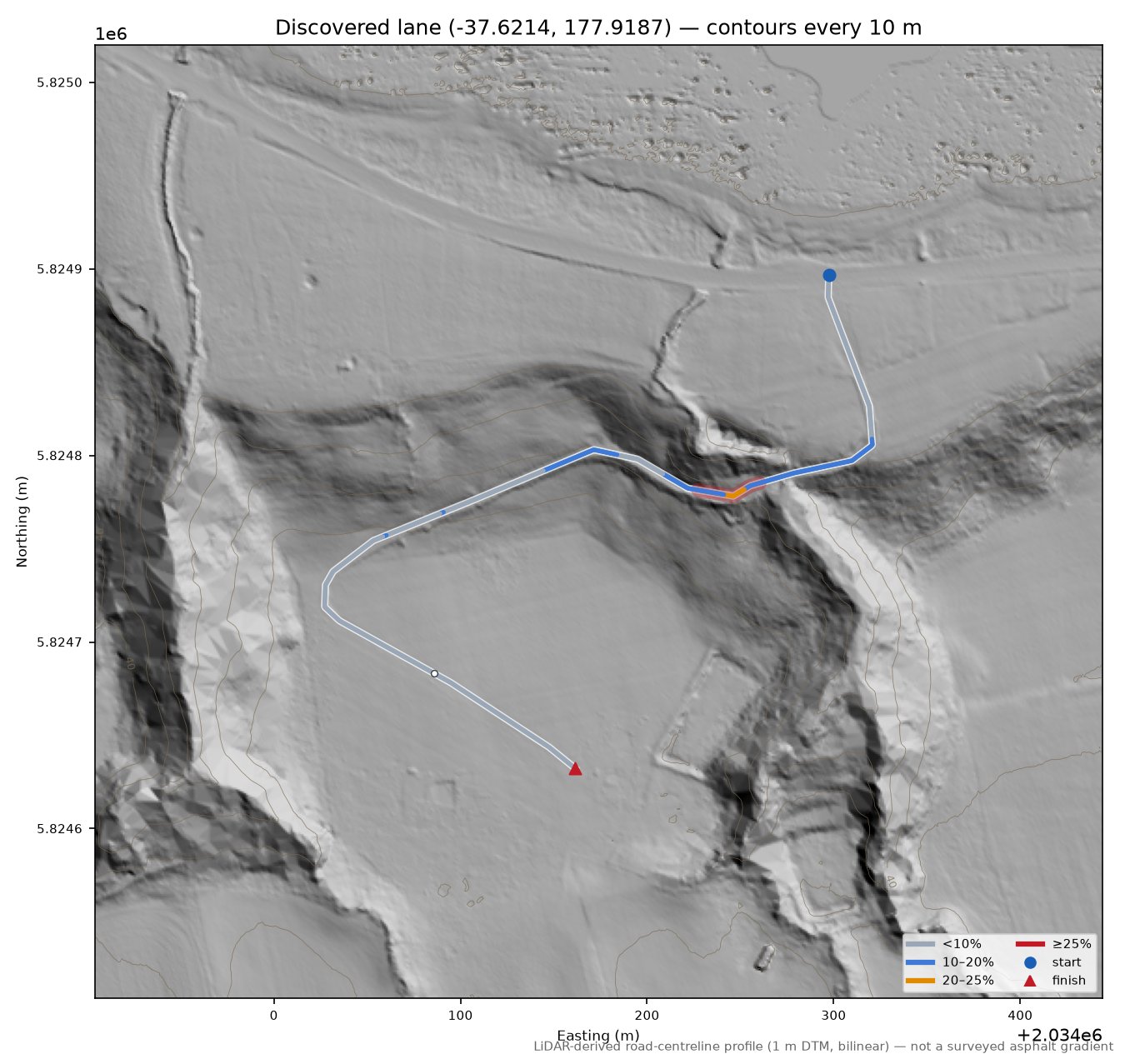 Discovered lane (-37.6214, 177.9187) LiDAR hillshade map with contours