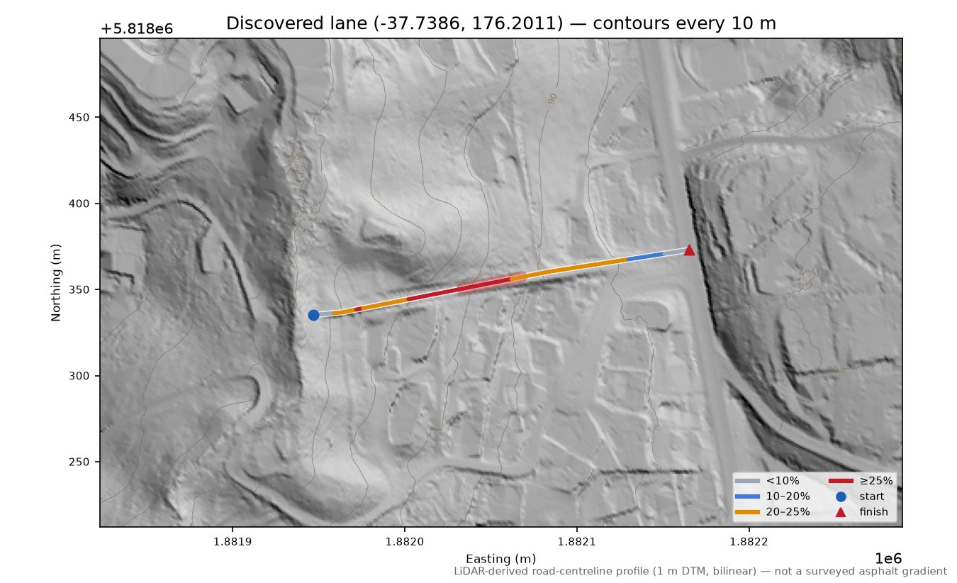 Discovered lane (-37.7386, 176.2011) LiDAR hillshade map with contours