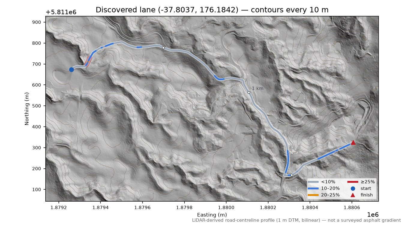 Discovered lane (-37.8037, 176.1842) LiDAR hillshade map with contours