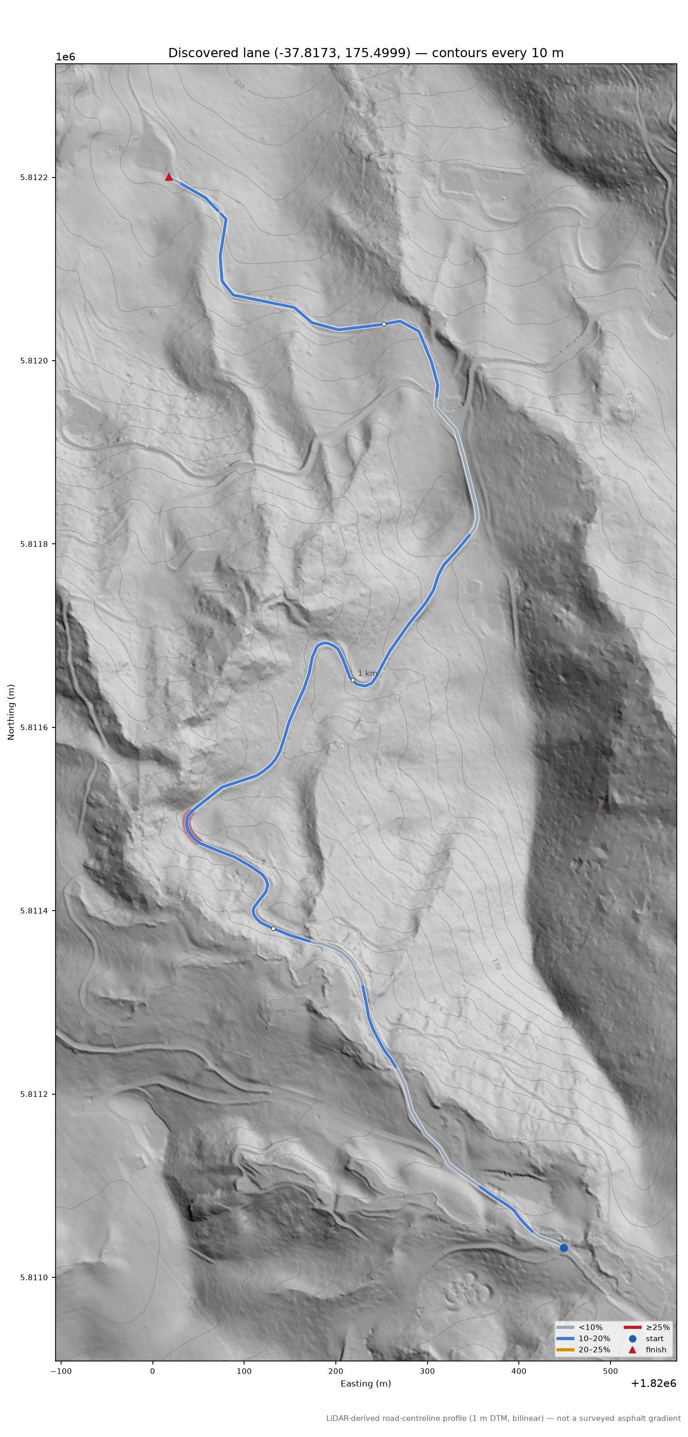 Discovered lane (-37.8173, 175.4999) LiDAR hillshade map with contours