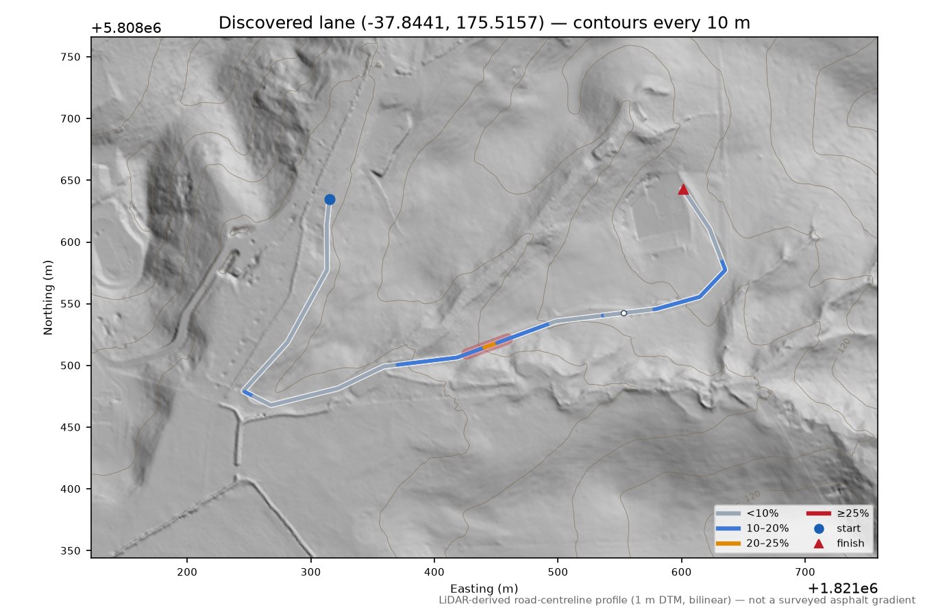 Discovered lane (-37.8441, 175.5157) LiDAR hillshade map with contours