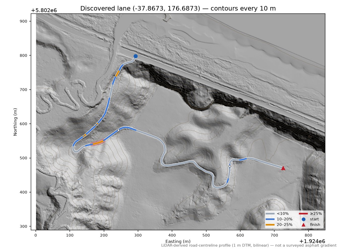 Discovered lane (-37.8673, 176.6873) LiDAR hillshade map with contours