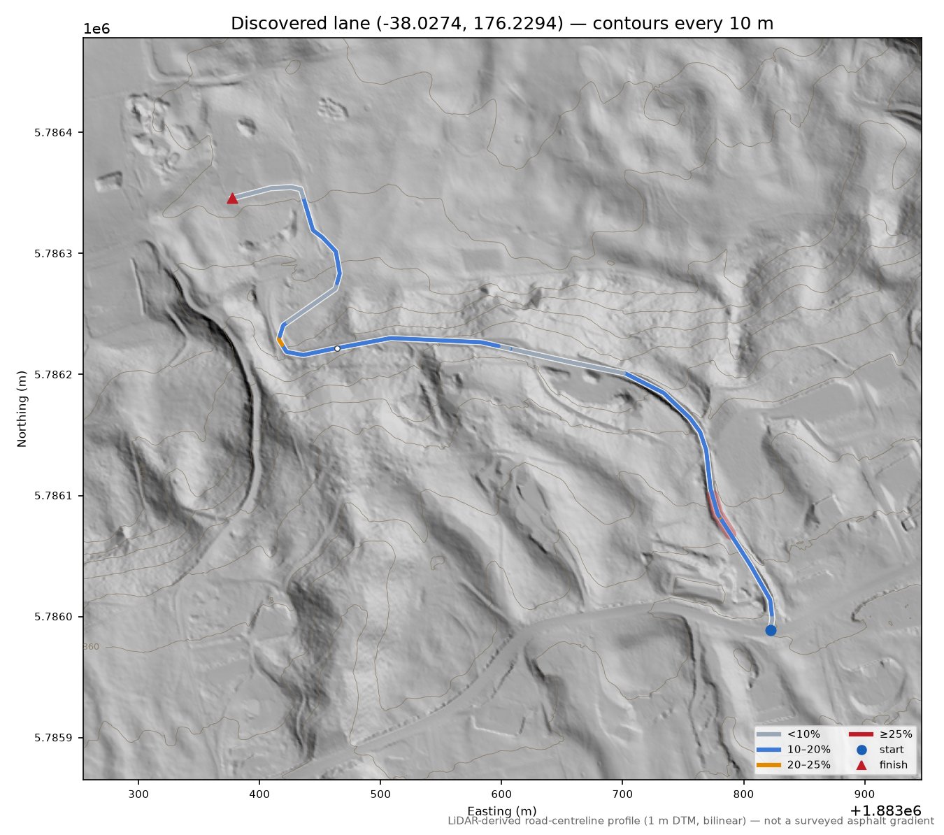 Discovered lane (-38.0274, 176.2294) LiDAR hillshade map with contours