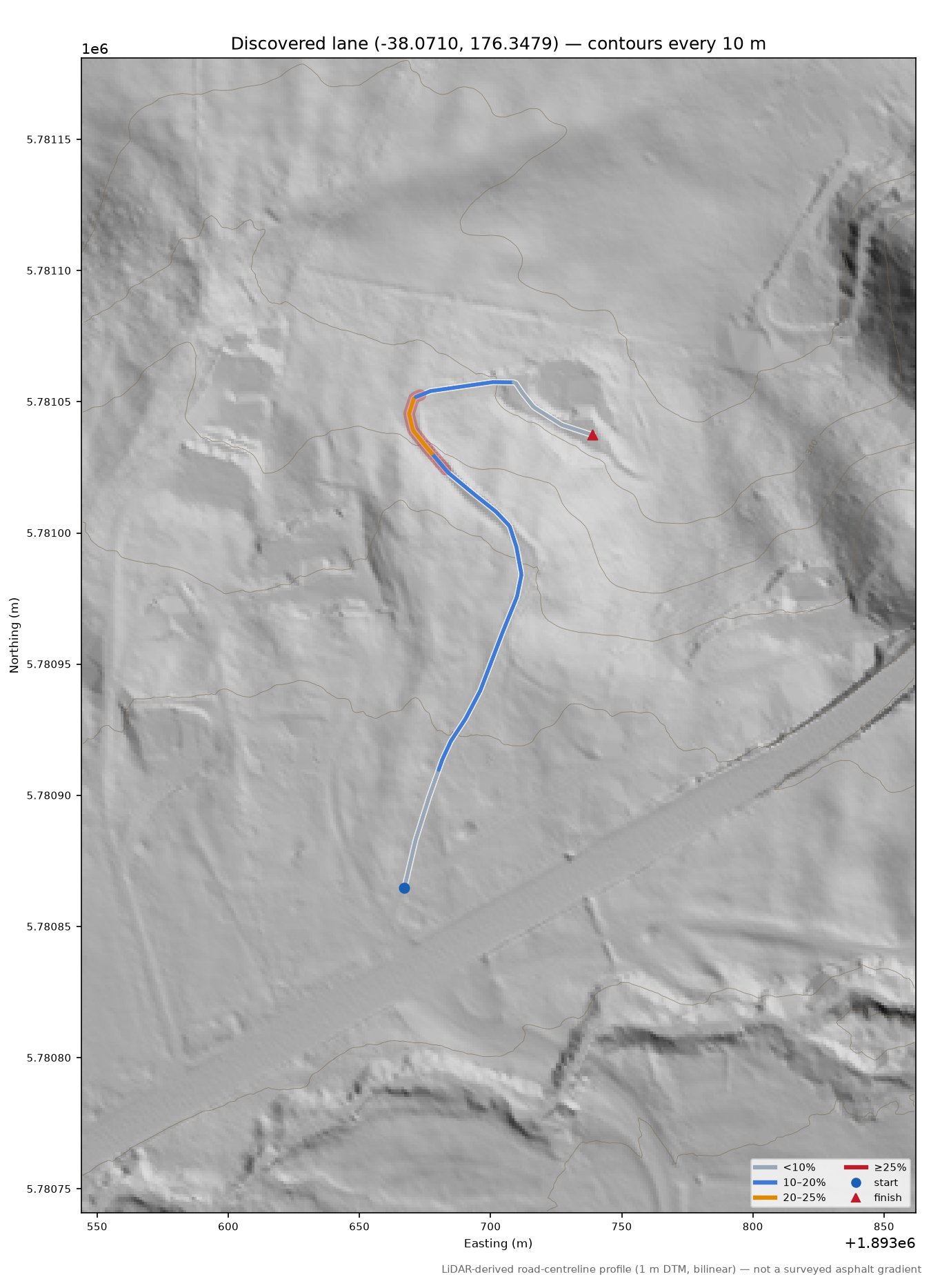 Discovered lane (-38.0710, 176.3479) LiDAR hillshade map with contours