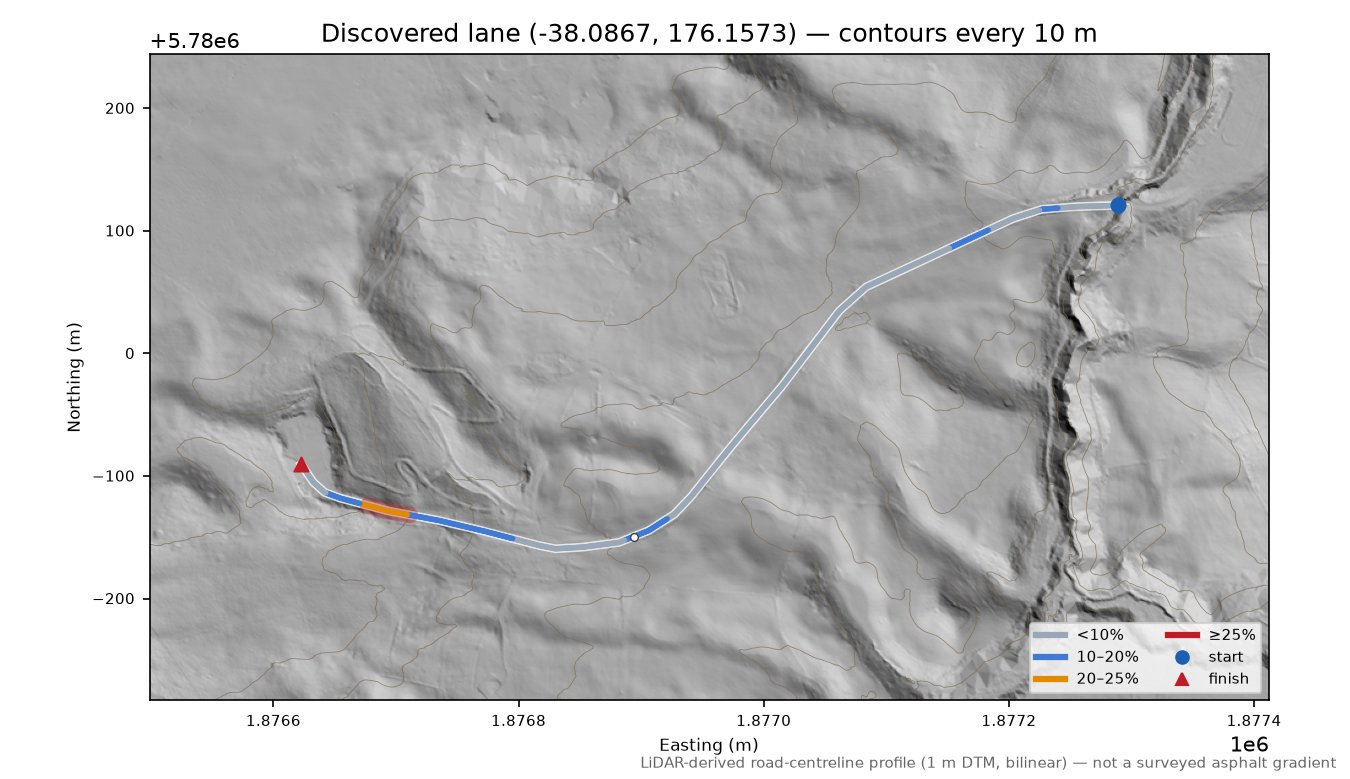 Discovered lane (-38.0867, 176.1573) LiDAR hillshade map with contours