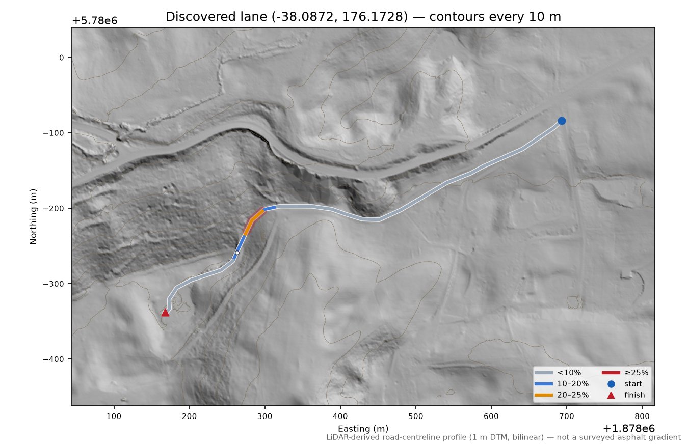 Discovered lane (-38.0872, 176.1728) LiDAR hillshade map with contours