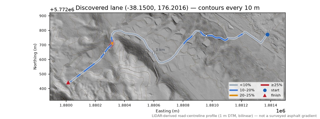 Discovered lane (-38.1500, 176.2016) LiDAR hillshade map with contours