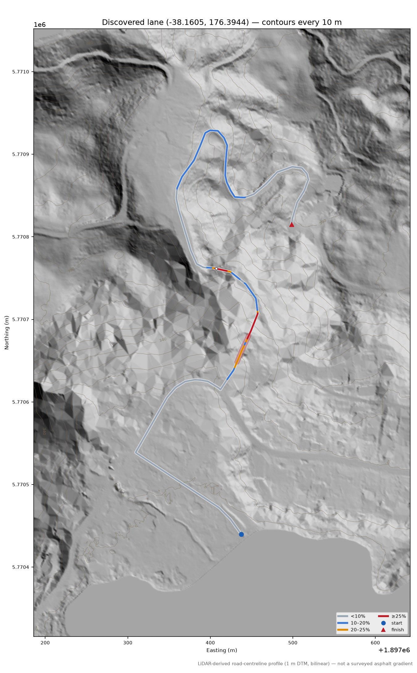 Discovered lane (-38.1605, 176.3944) LiDAR hillshade map with contours