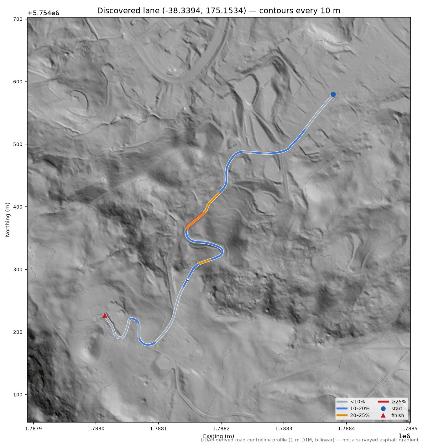Discovered lane (-38.3394, 175.1534) LiDAR hillshade map with contours