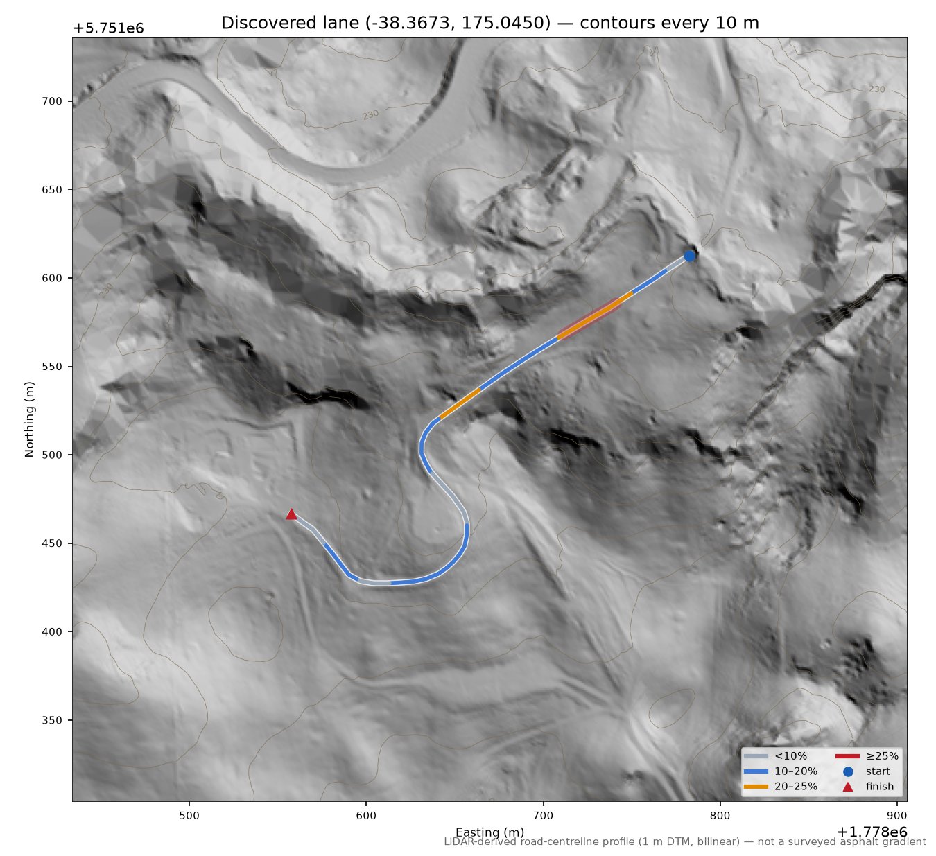 Discovered lane (-38.3673, 175.0450) LiDAR hillshade map with contours