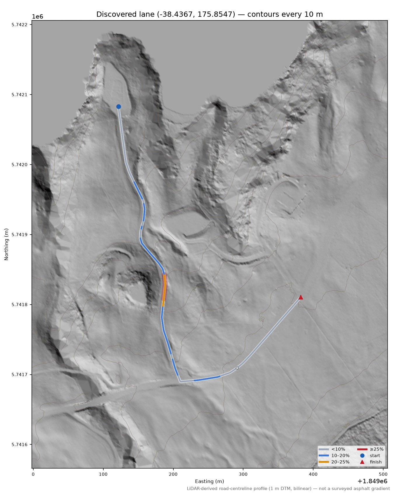 Discovered lane (-38.4367, 175.8547) LiDAR hillshade map with contours