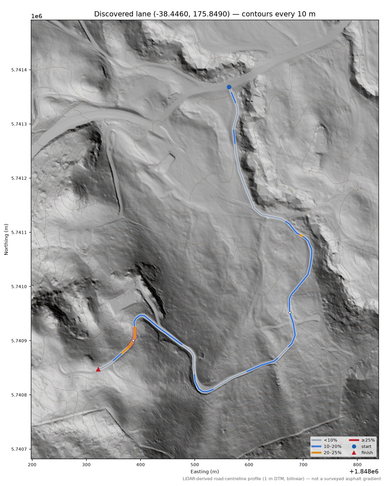 Discovered lane (-38.4460, 175.8490) LiDAR hillshade map with contours
