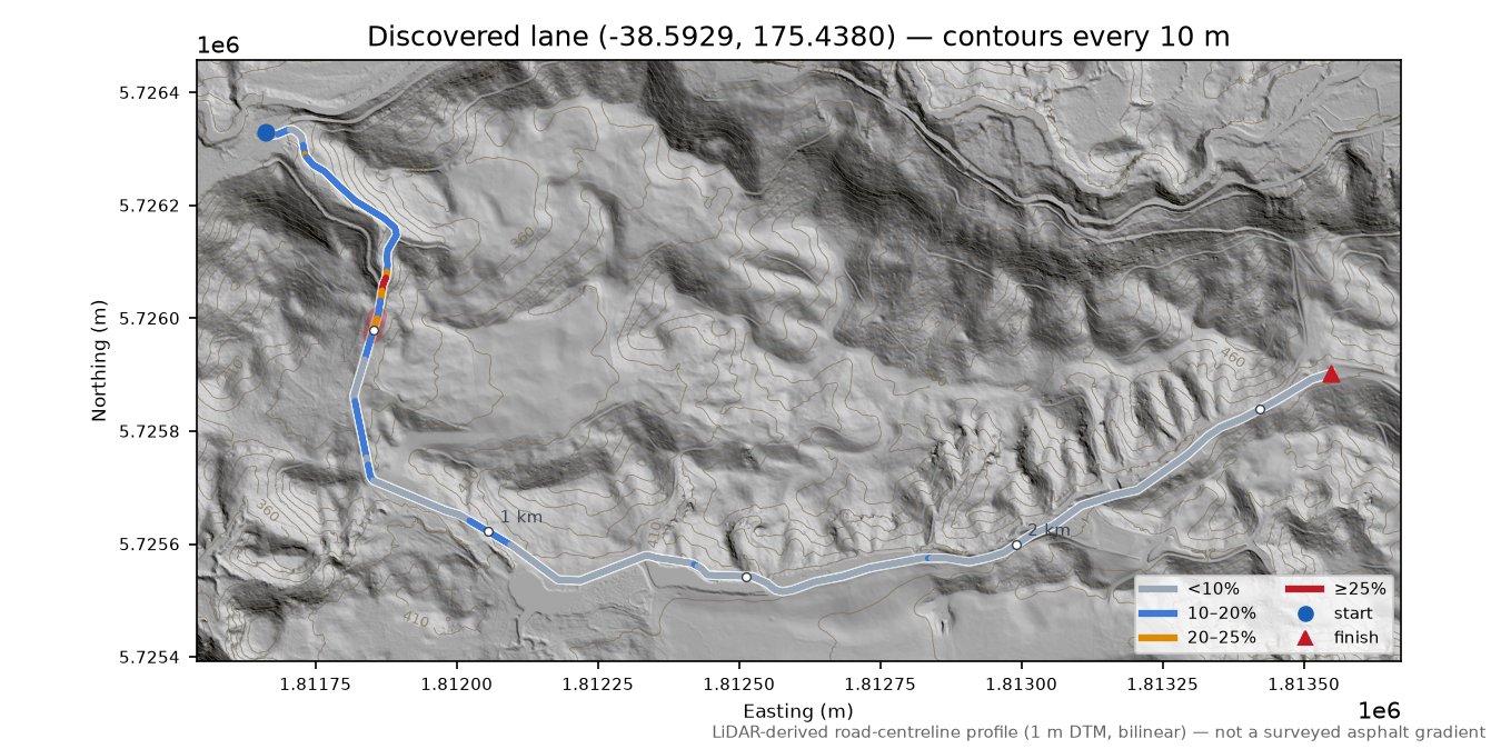 Discovered lane (-38.5929, 175.4380) LiDAR hillshade map with contours