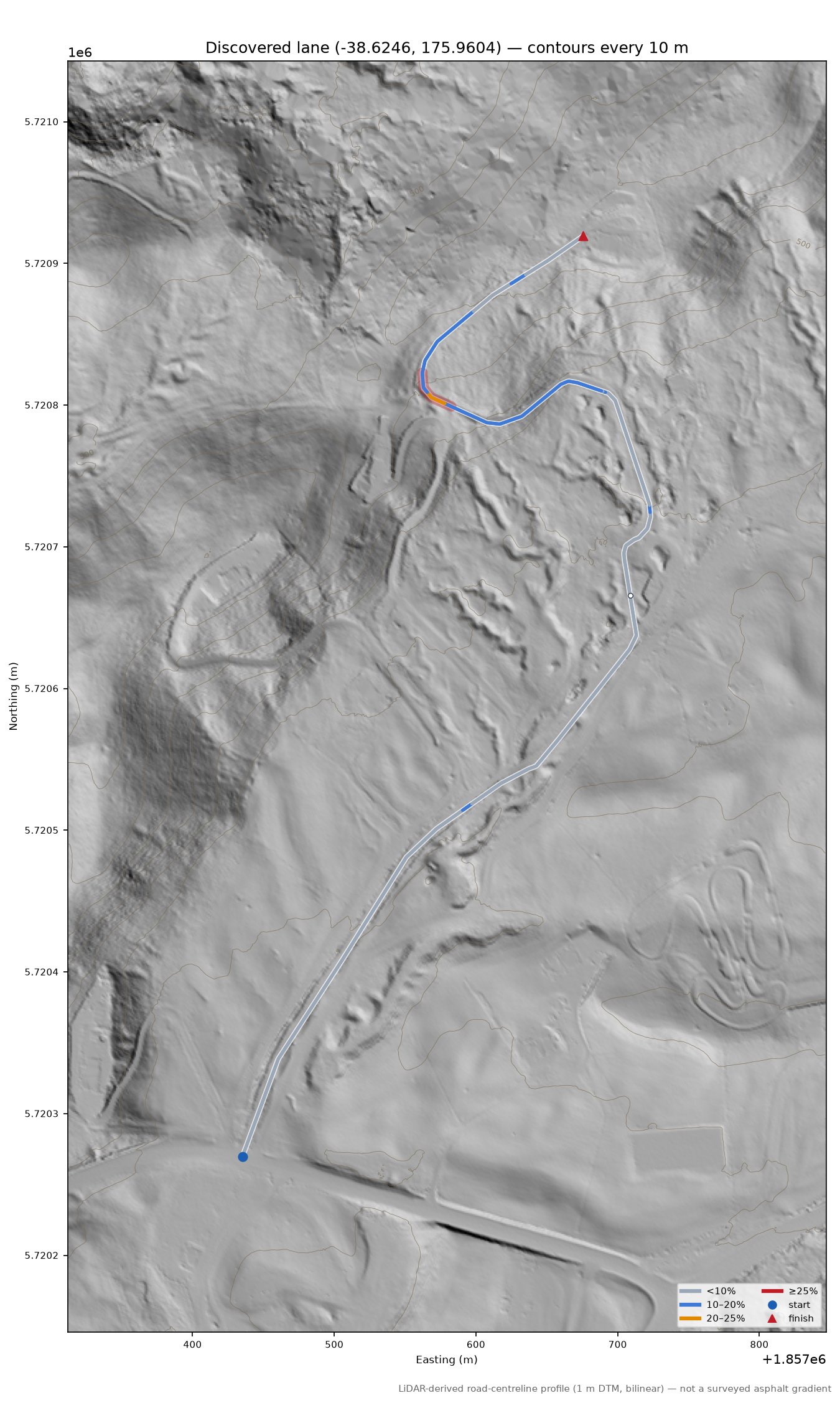 Discovered lane (-38.6246, 175.9604) LiDAR hillshade map with contours