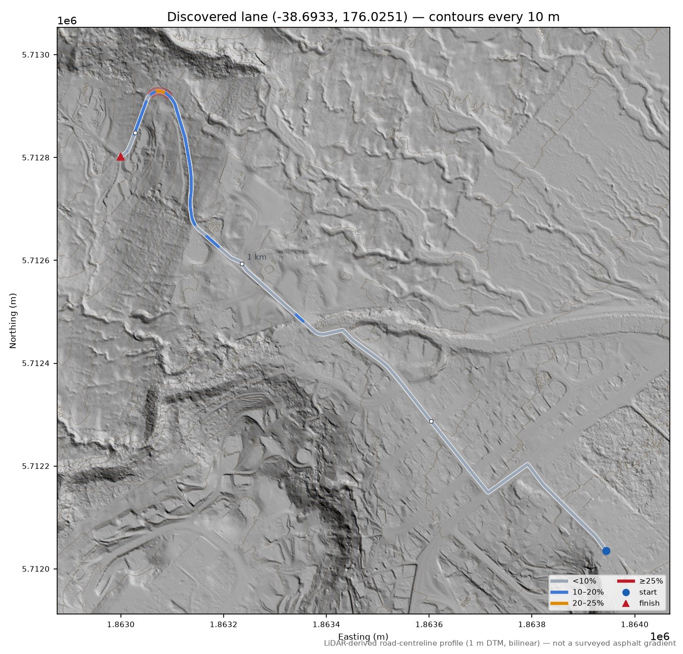 Discovered lane (-38.6933, 176.0251) LiDAR hillshade map with contours