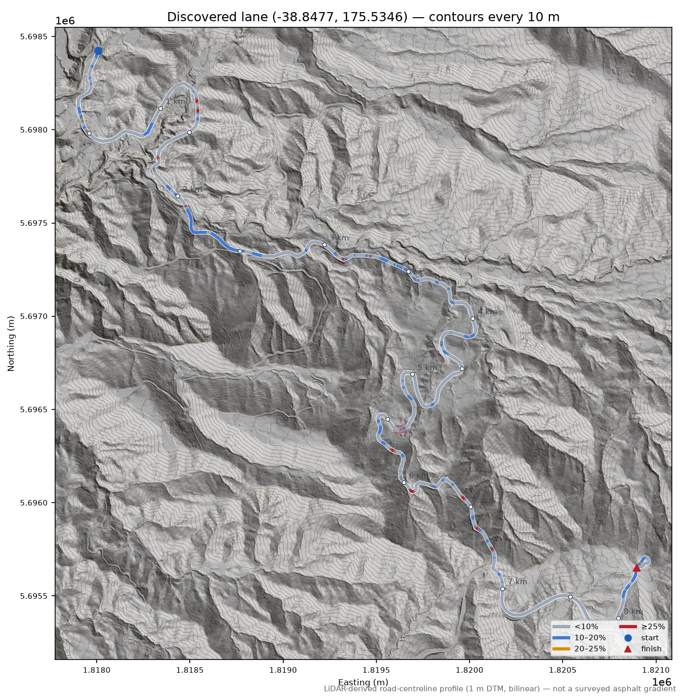 Discovered lane (-38.8477, 175.5346) LiDAR hillshade map with contours