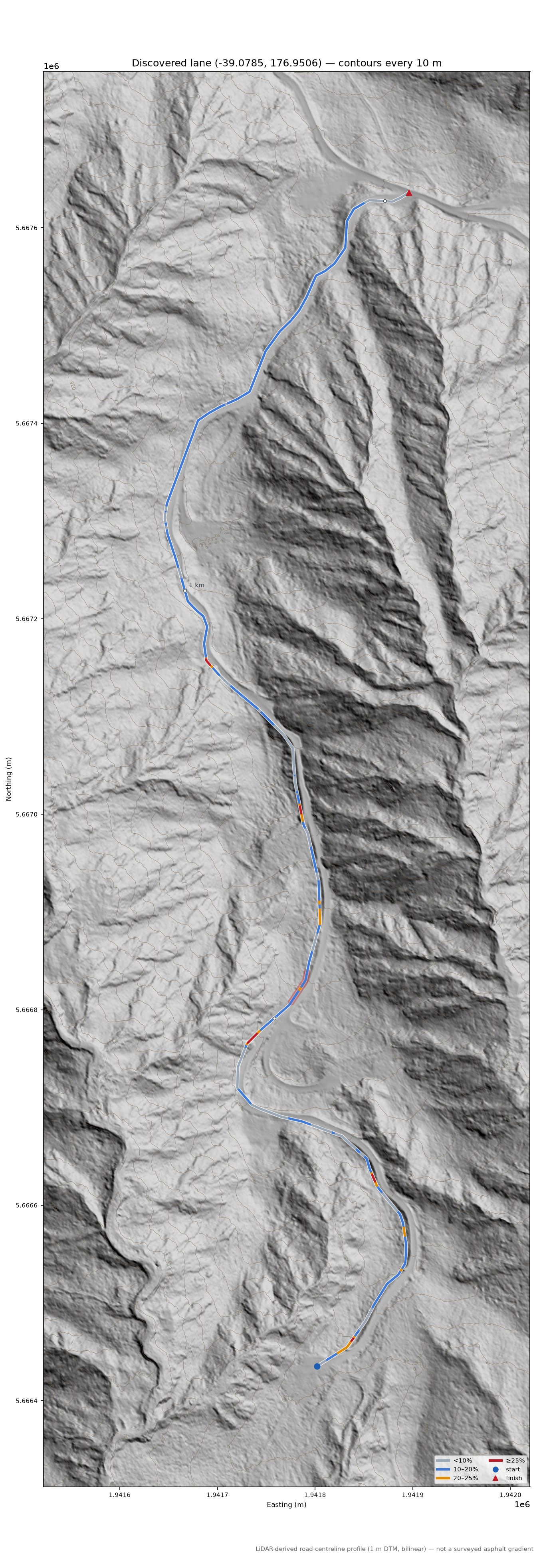 Discovered lane (-39.0785, 176.9506) LiDAR hillshade map with contours