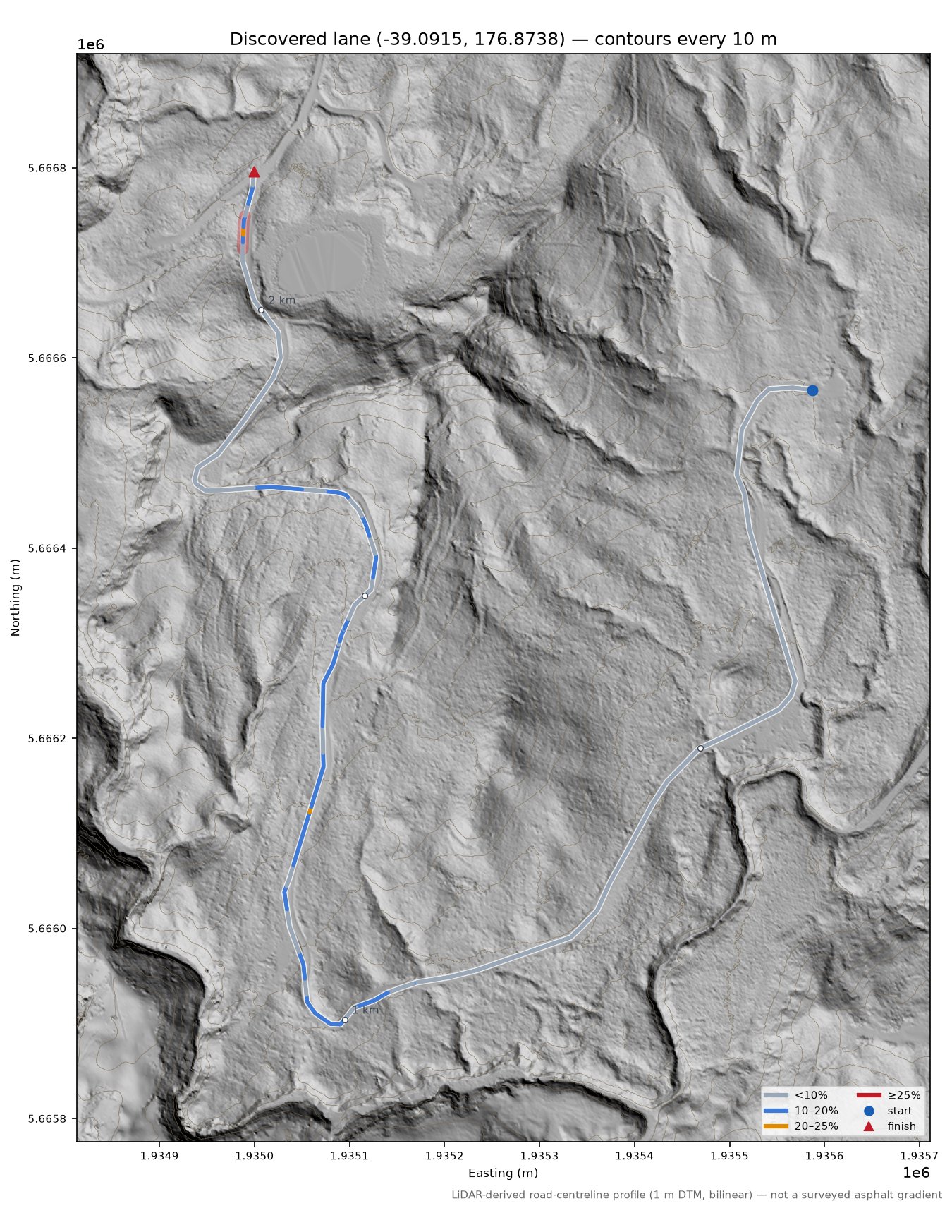 Discovered lane (-39.0915, 176.8738) LiDAR hillshade map with contours