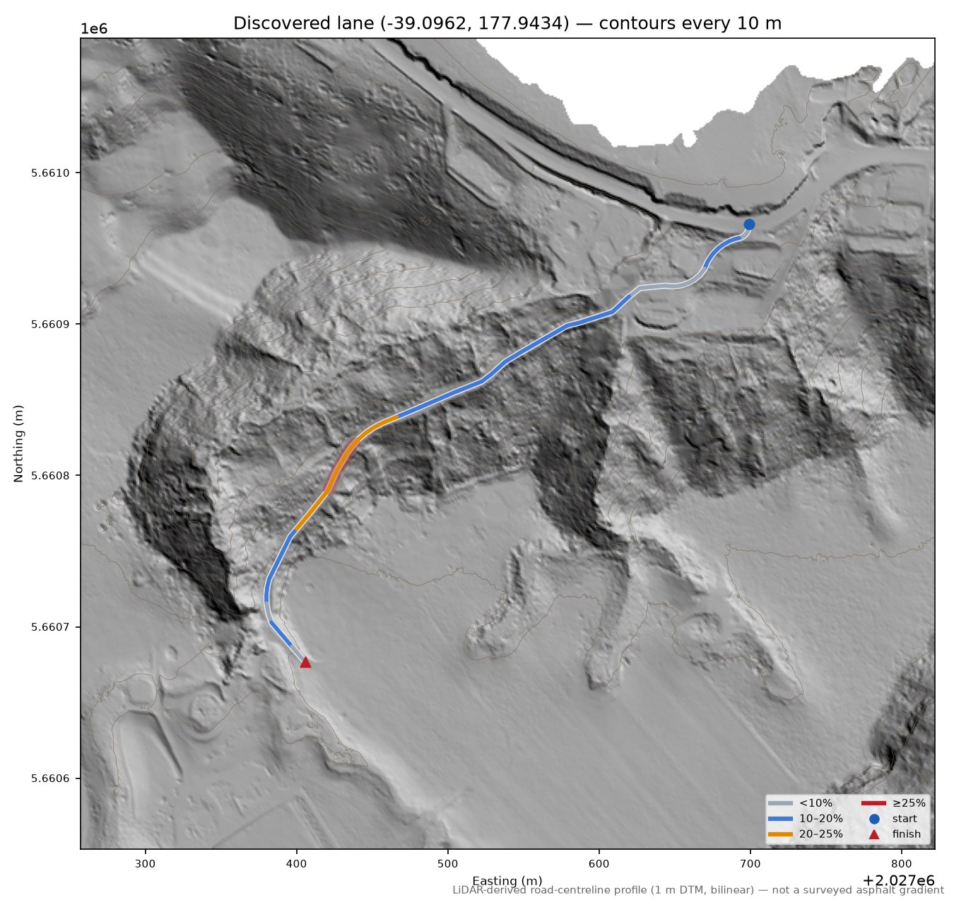 Discovered lane (-39.0962, 177.9434) LiDAR hillshade map with contours