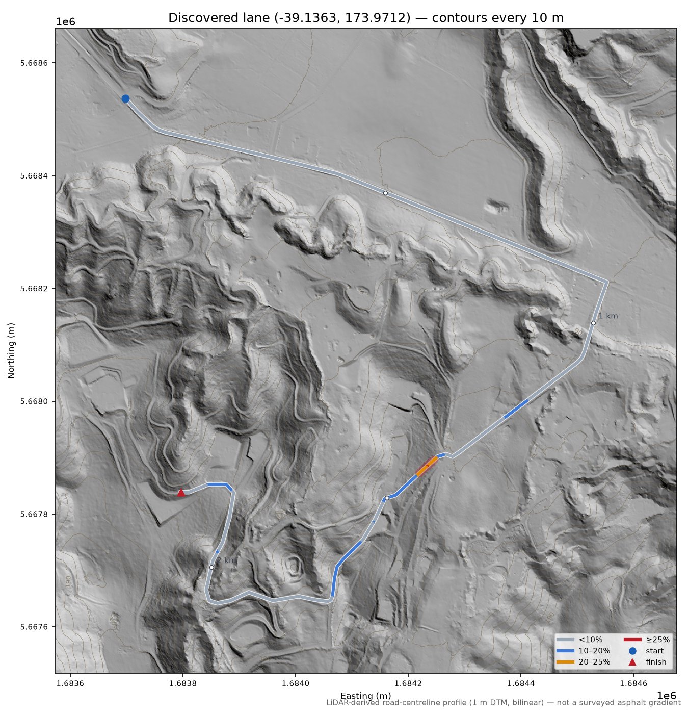Discovered lane (-39.1363, 173.9712) LiDAR hillshade map with contours