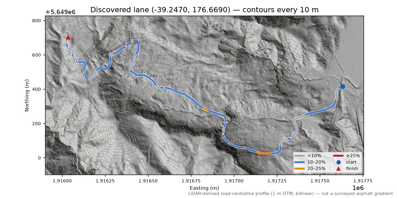 Discovered lane (-39.2470, 176.6690) LiDAR hillshade map with contours