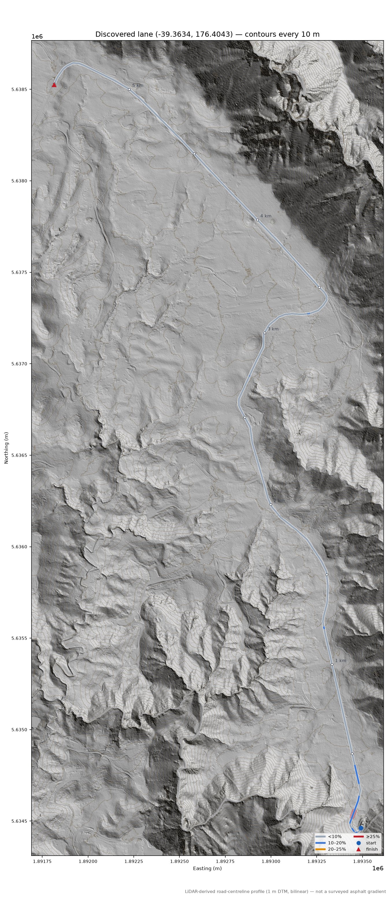 Discovered lane (-39.3634, 176.4043) LiDAR hillshade map with contours