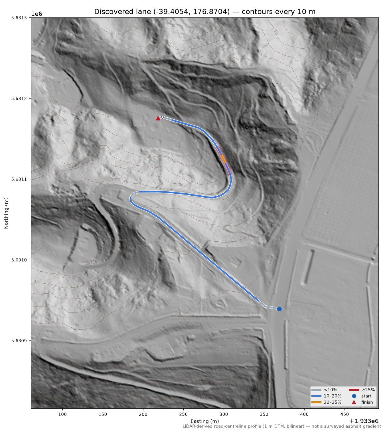 Discovered lane (-39.4054, 176.8704) LiDAR hillshade map with contours