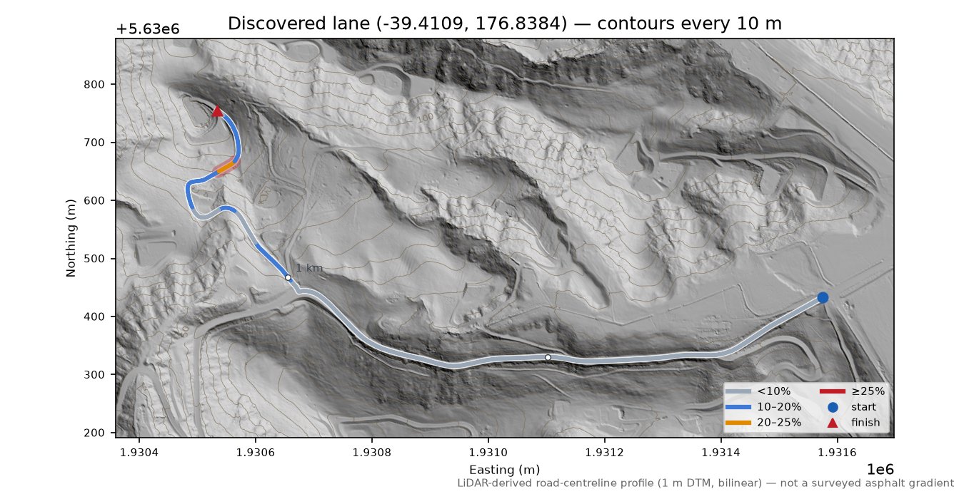 Discovered lane (-39.4109, 176.8384) LiDAR hillshade map with contours