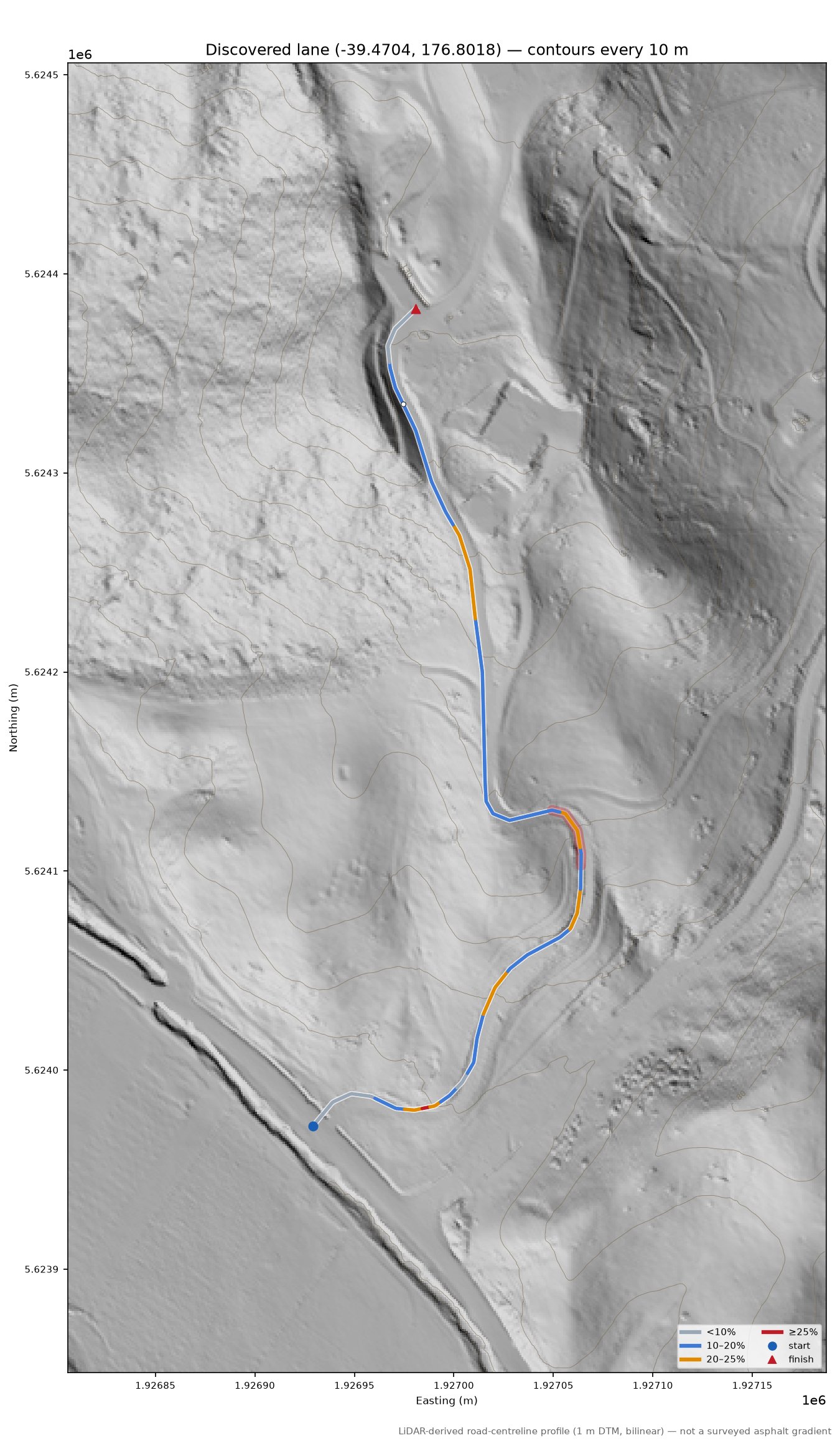 Discovered lane (-39.4704, 176.8018) LiDAR hillshade map with contours