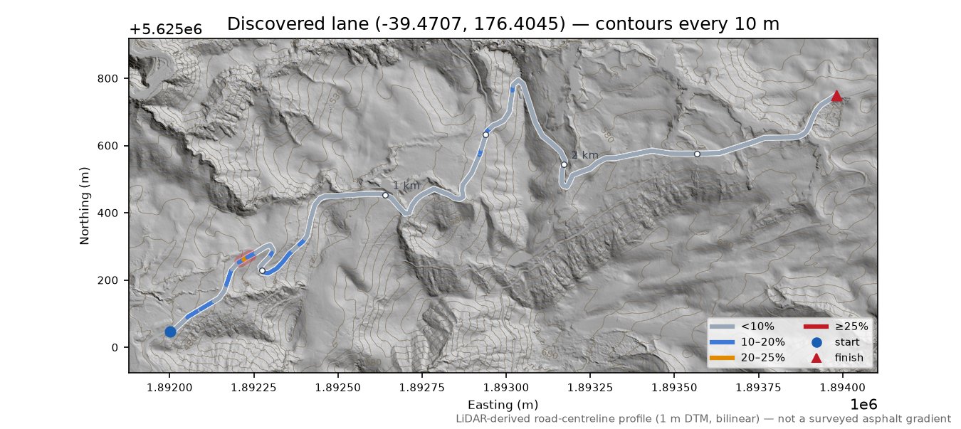 Discovered lane (-39.4707, 176.4045) LiDAR hillshade map with contours