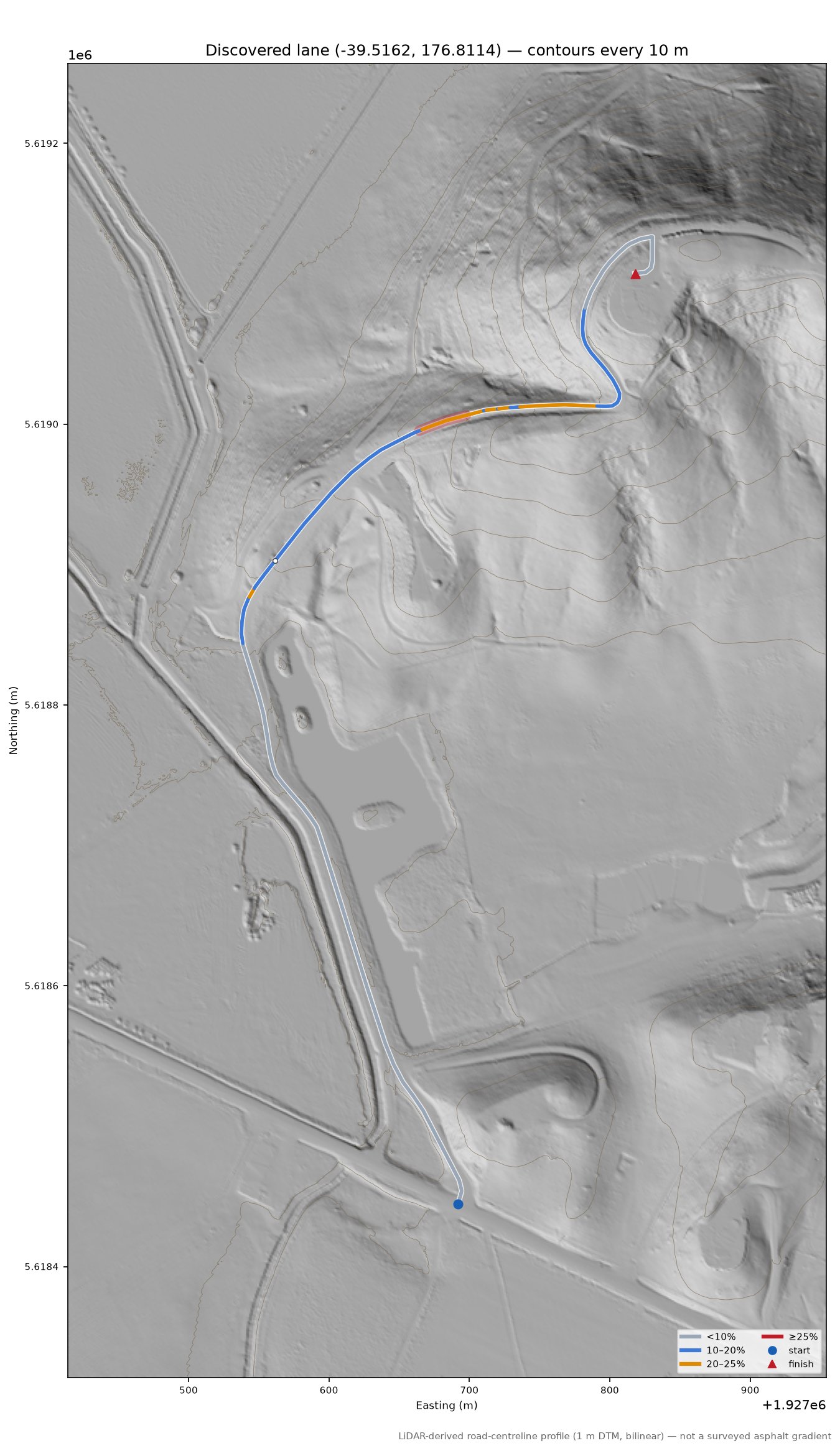 Discovered lane (-39.5162, 176.8114) LiDAR hillshade map with contours