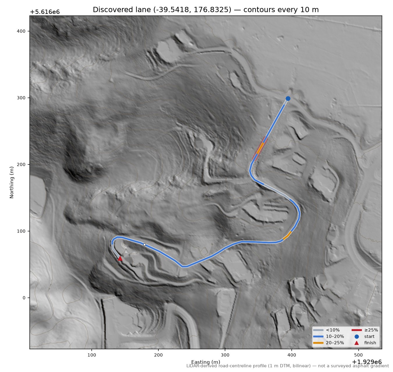 Discovered lane (-39.5418, 176.8325) LiDAR hillshade map with contours