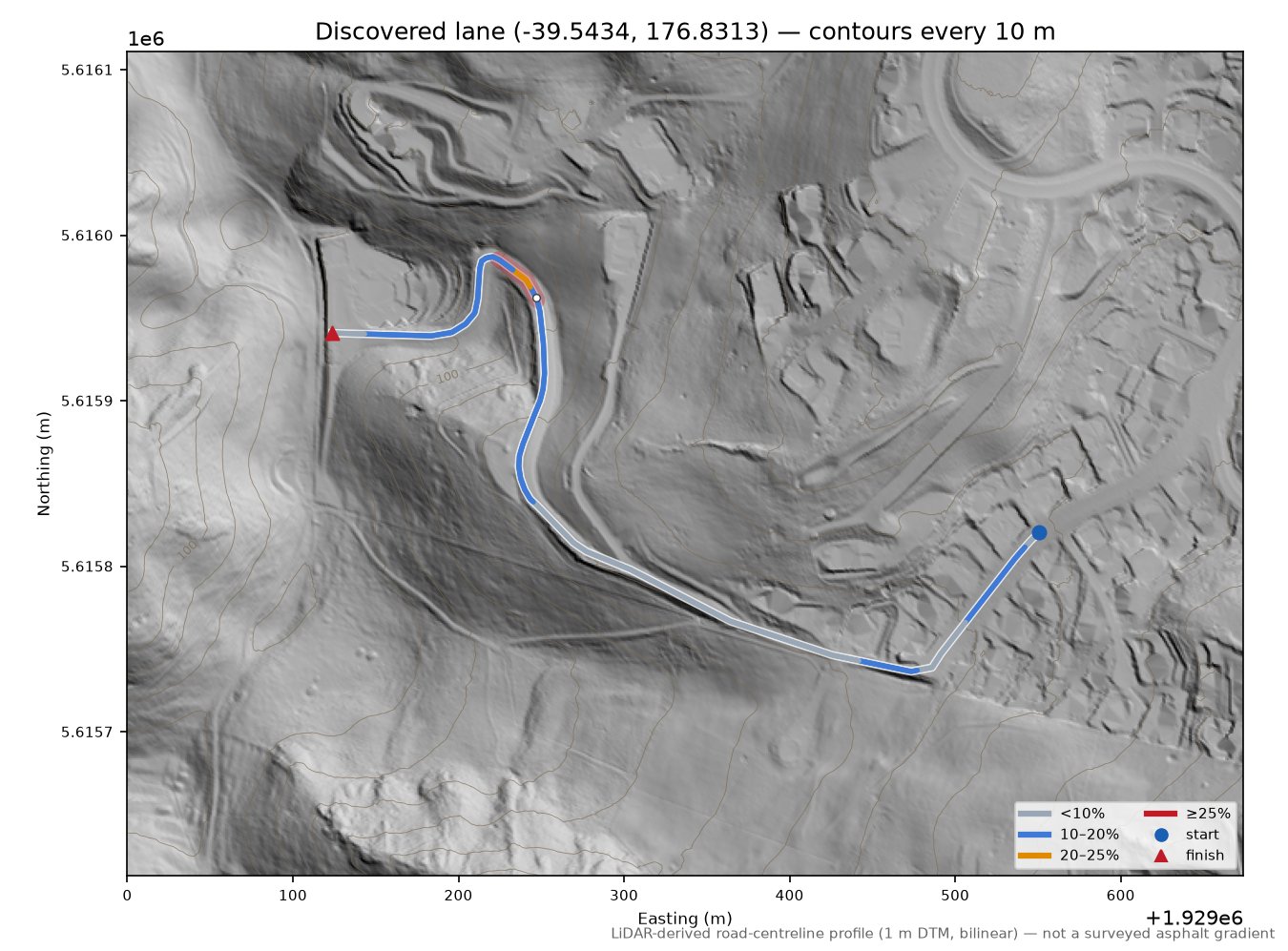 Discovered lane (-39.5434, 176.8313) LiDAR hillshade map with contours