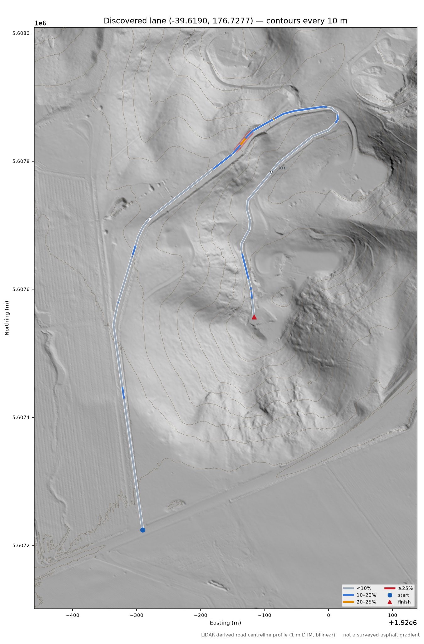 Discovered lane (-39.6190, 176.7277) LiDAR hillshade map with contours